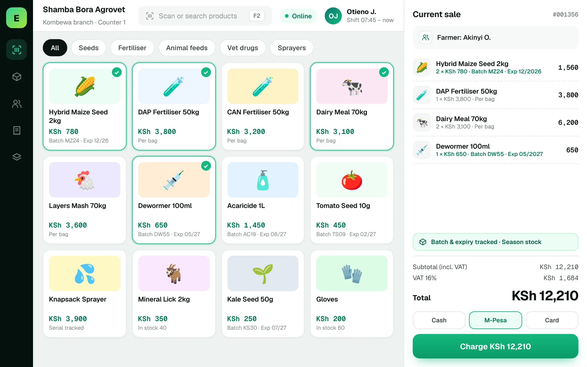 Agrovet POS Software in Kenya: EUJIM POS checkout screen for agrovet shops showing products, cart, VAT and M-Pesa, cash and card payment