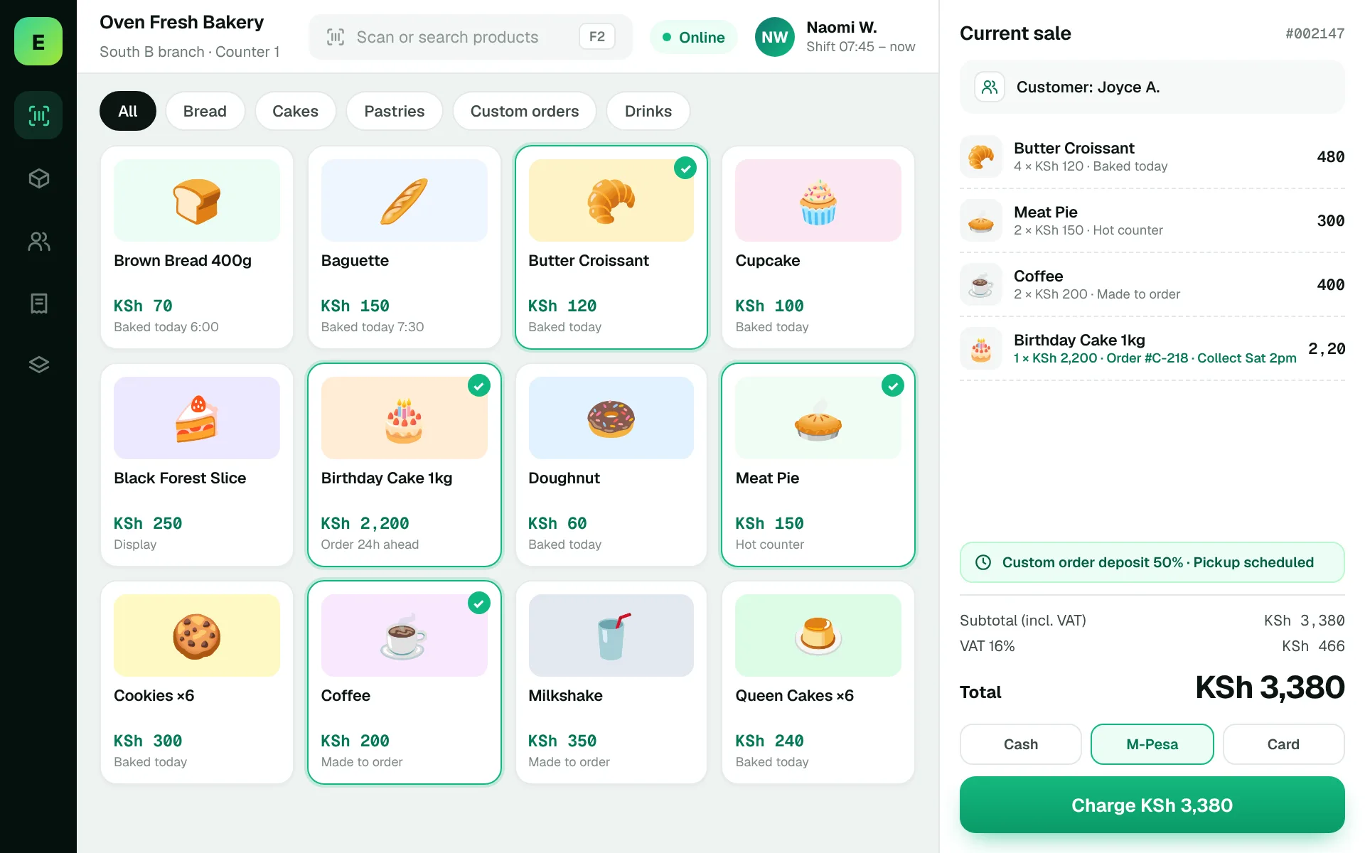 Bakery POS Software in Kenya: EUJIM POS checkout screen for bakeries & pastry shops showing products, cart, VAT and M-Pesa, cash and card payment