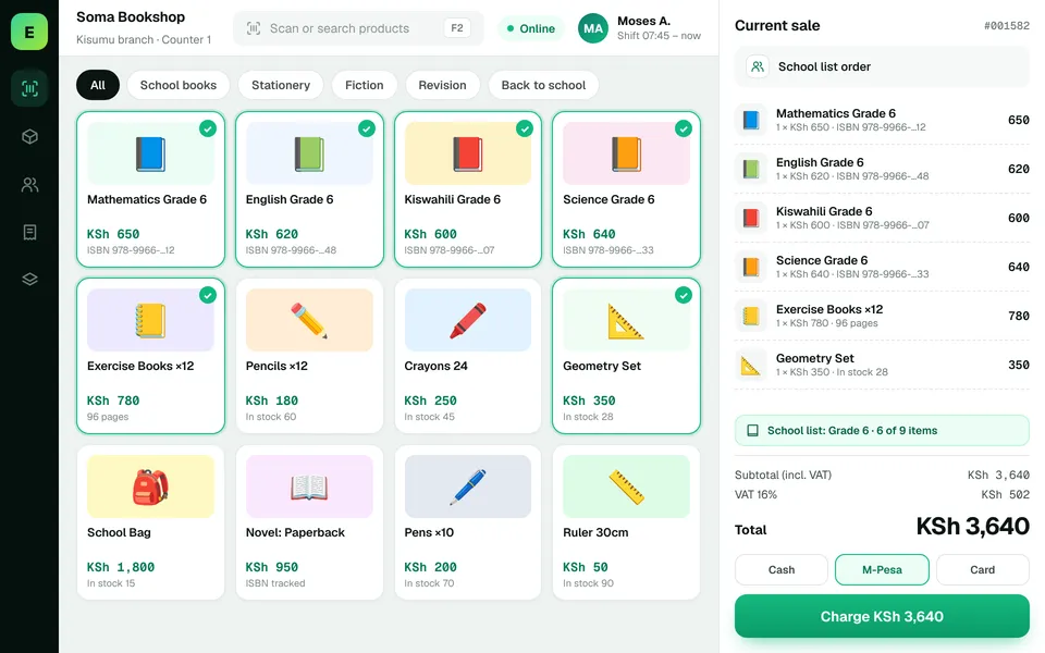 Bookshop POS Software in Kenya: EUJIM POS checkout screen for bookshops & stationery showing products, cart, VAT and M-Pesa, cash and card payment