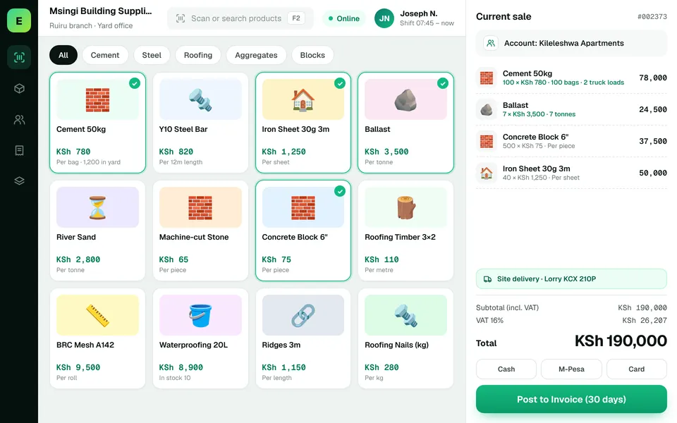 Building Materials POS Software in Kenya: EUJIM POS checkout screen for building materials suppliers showing products, cart, VAT and M-Pesa, cash and card payment