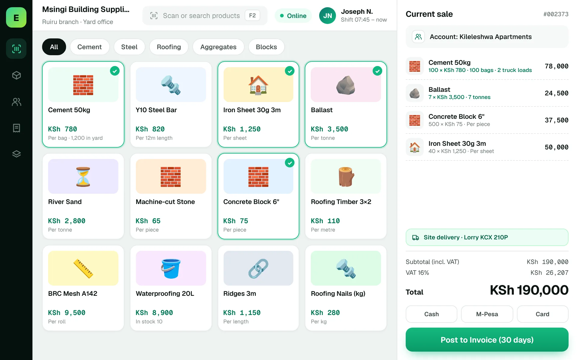 Building Materials POS Software in Kenya: EUJIM POS checkout screen for building materials suppliers showing products, cart, VAT and M-Pesa, cash and card payment