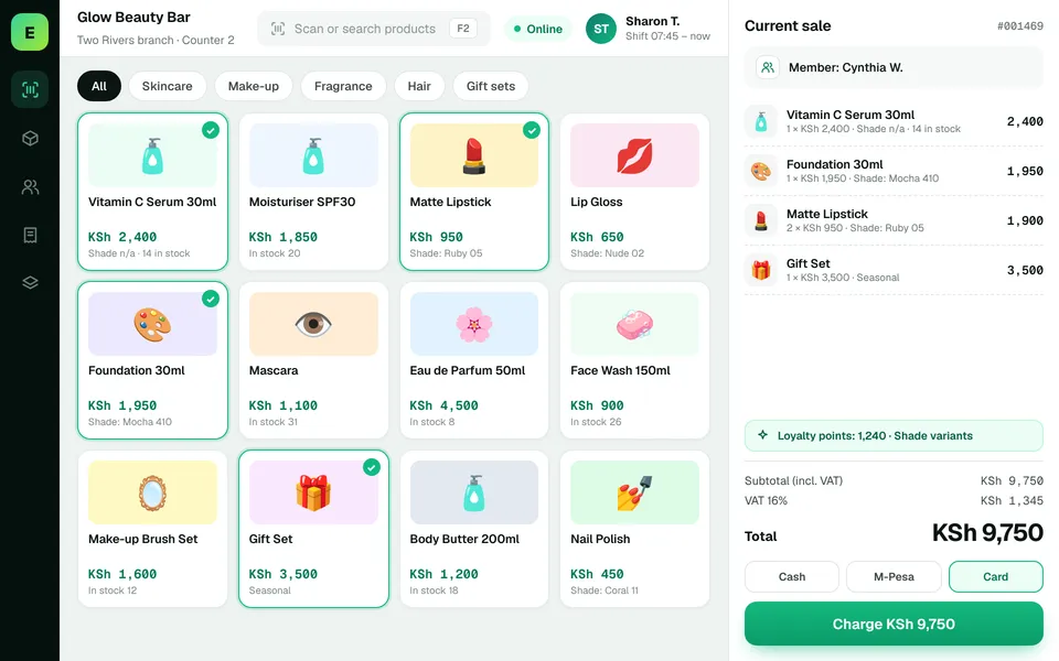 Cosmetics POS Software in Kenya: EUJIM POS checkout screen for cosmetics & beauty stores showing products, cart, VAT and M-Pesa, cash and card payment