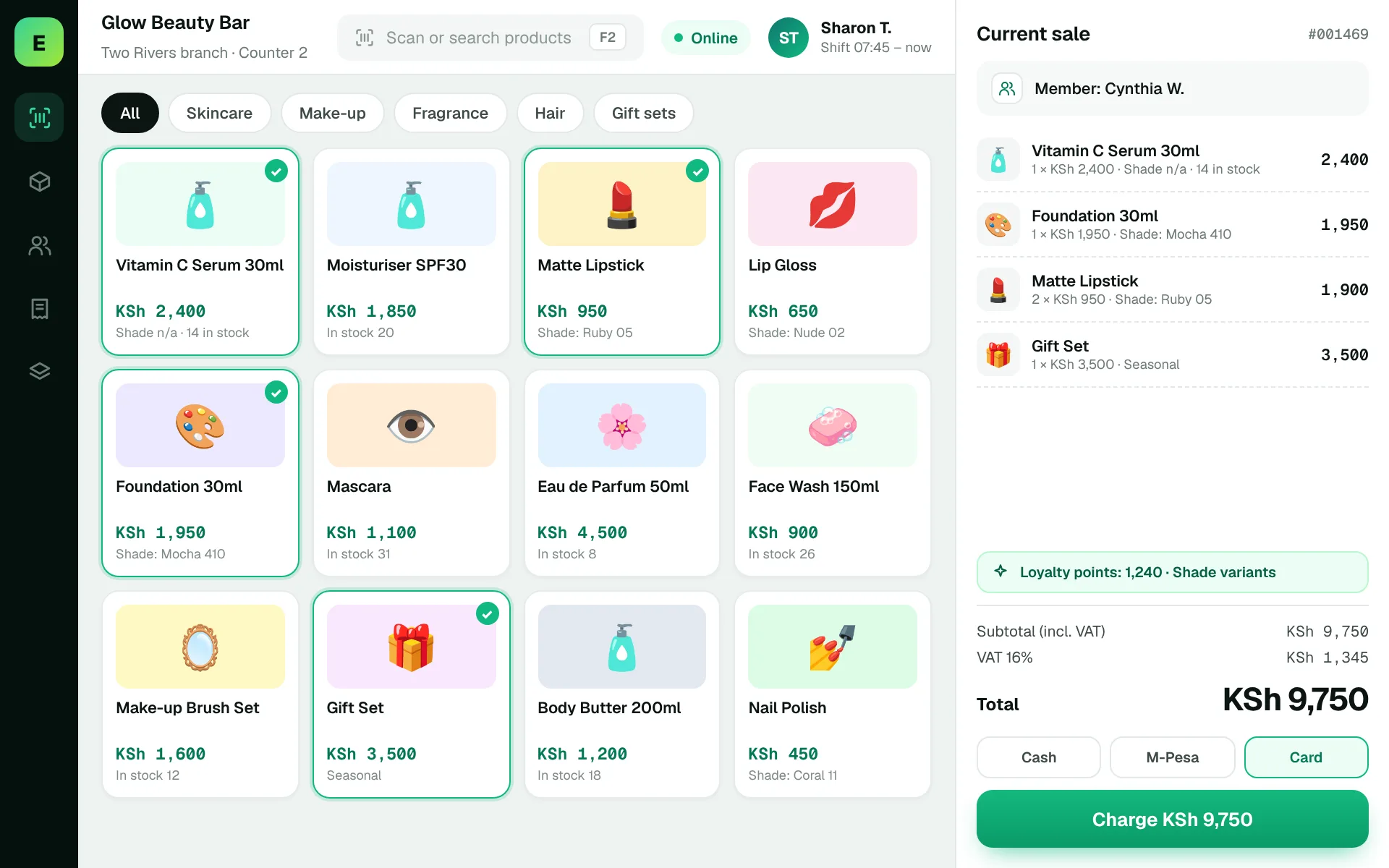 Cosmetics POS Software in Kenya: EUJIM POS checkout screen for cosmetics & beauty stores showing products, cart, VAT and M-Pesa, cash and card payment