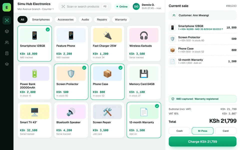 Electronics Shop POS Software in Kenya: EUJIM POS checkout screen for electronics & phone shops showing products, cart, VAT and M-Pesa, cash and card payment
