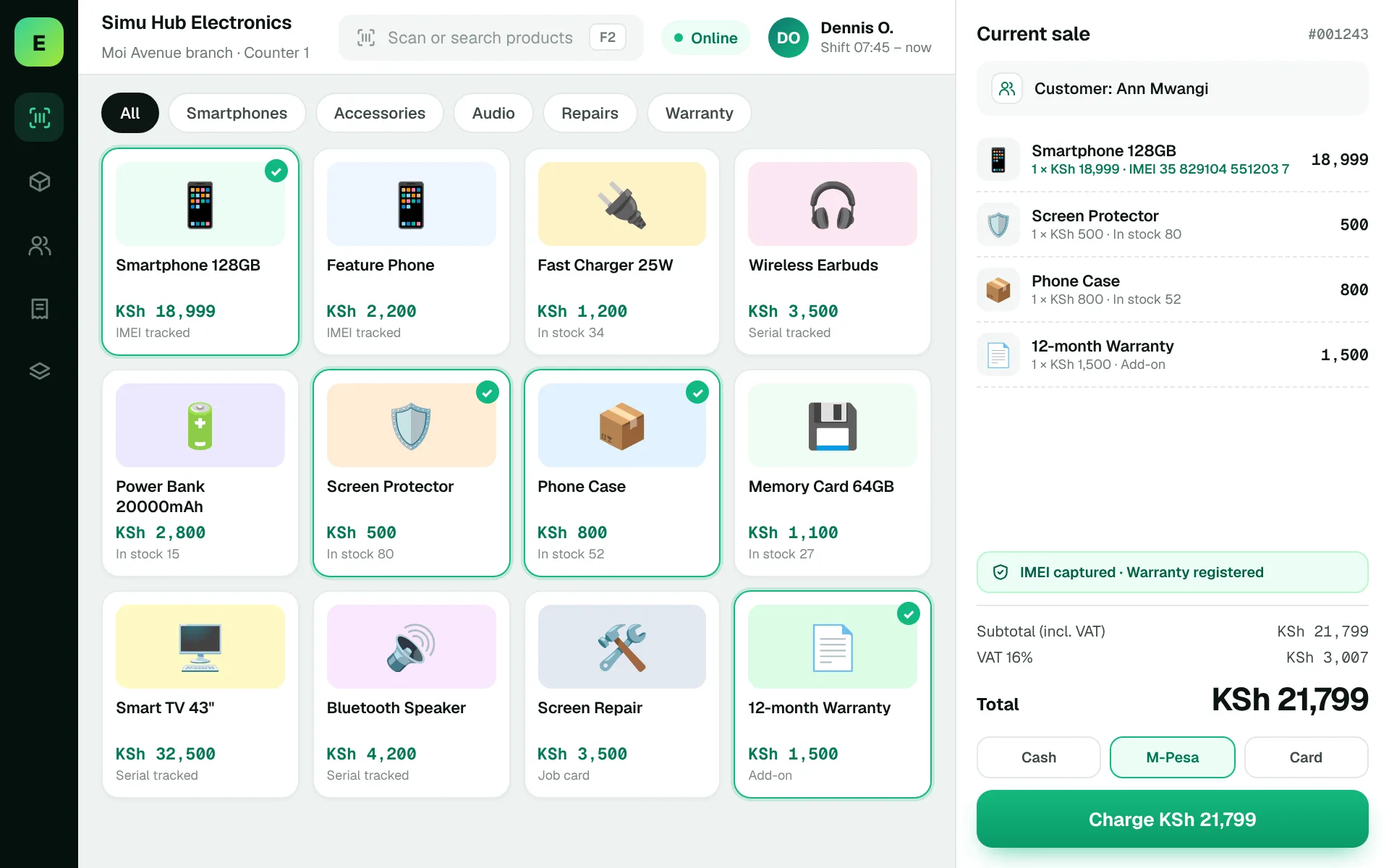 Electronics Shop POS Software in Kenya: EUJIM POS checkout screen for electronics & phone shops showing products, cart, VAT and M-Pesa, cash and card payment