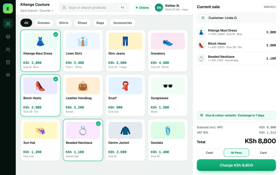 Fashion Boutique POS Software in Kenya: EUJIM POS checkout screen for fashion boutiques showing products, cart, VAT and M-Pesa, cash and card payment
