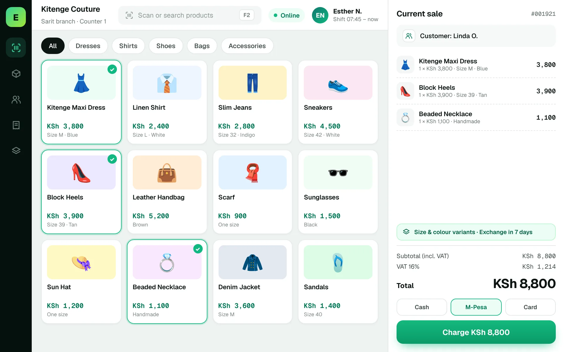 Fashion Boutique POS Software in Kenya: EUJIM POS checkout screen for fashion boutiques showing products, cart, VAT and M-Pesa, cash and card payment