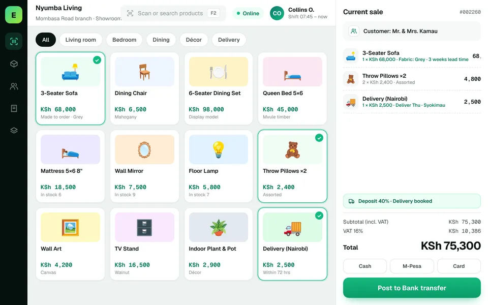 Furniture Store POS Software in Kenya: EUJIM POS checkout screen for furniture & home stores showing products, cart, VAT and M-Pesa, cash and card payment
