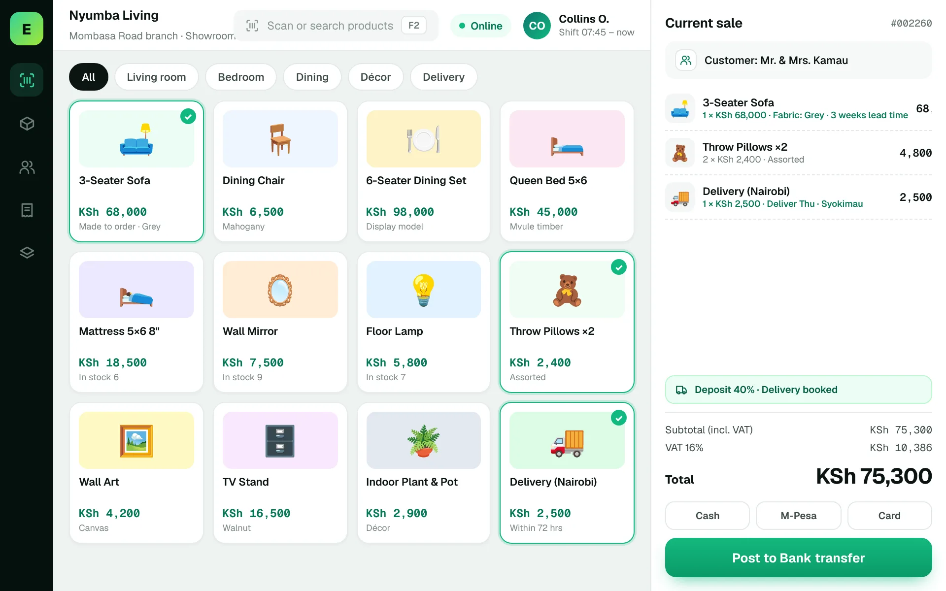 Furniture Store POS Software in Kenya: EUJIM POS checkout screen for furniture & home stores showing products, cart, VAT and M-Pesa, cash and card payment