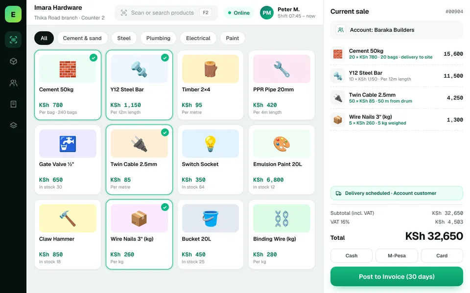 Hardware Store POS Software in Kenya: EUJIM POS checkout screen for hardware stores showing products, cart, VAT and M-Pesa, cash and card payment