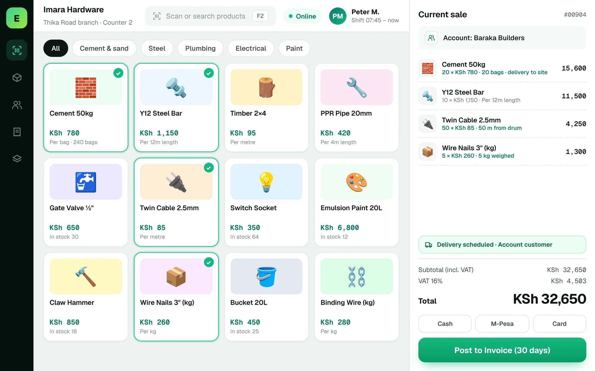 Hardware Store POS Software in Kenya: EUJIM POS checkout screen for hardware stores showing products, cart, VAT and M-Pesa, cash and card payment