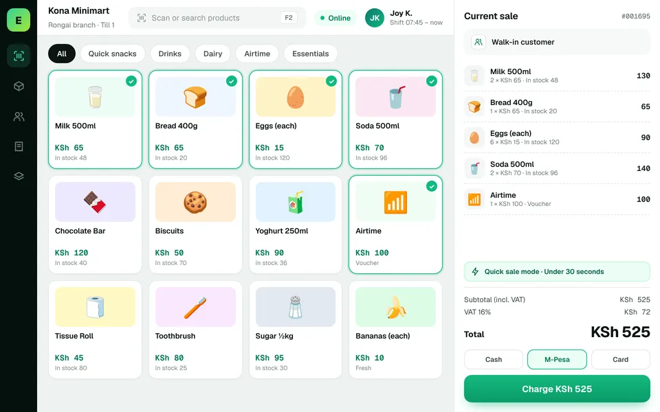 Convenience Store POS Software in Kenya: EUJIM POS checkout screen for minimarts & convenience stores showing products, cart, VAT and M-Pesa, cash and card payment