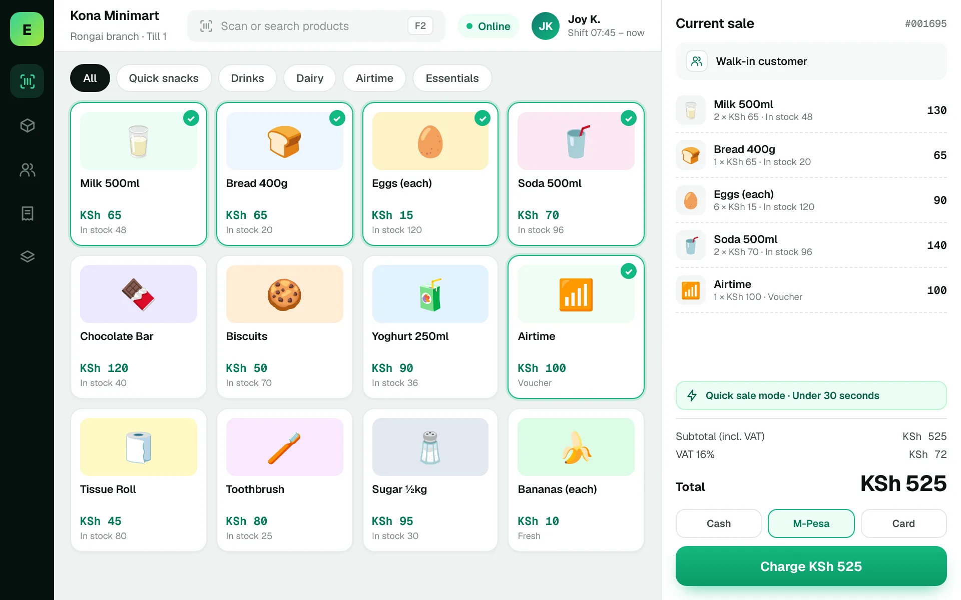 Convenience Store POS Software in Kenya: EUJIM POS checkout screen for minimarts & convenience stores showing products, cart, VAT and M-Pesa, cash and card payment