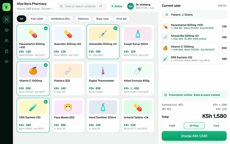 Pharmacy POS Software in Kenya: EUJIM POS checkout screen for pharmacies showing products, cart, VAT and M-Pesa, cash and card payment
