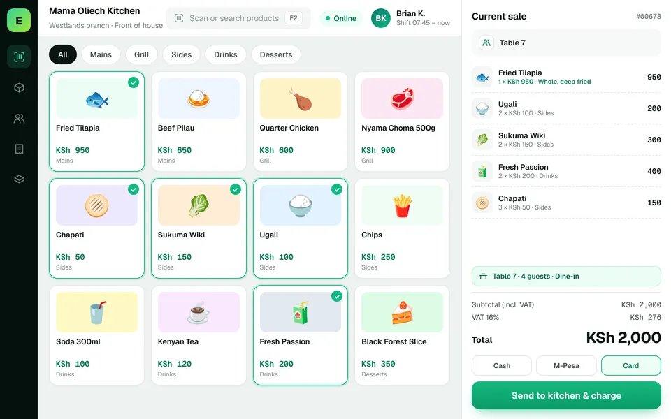 Restaurant POS Software in Kenya: EUJIM POS checkout screen for restaurants & cafés showing products, cart, VAT and M-Pesa, cash and card payment