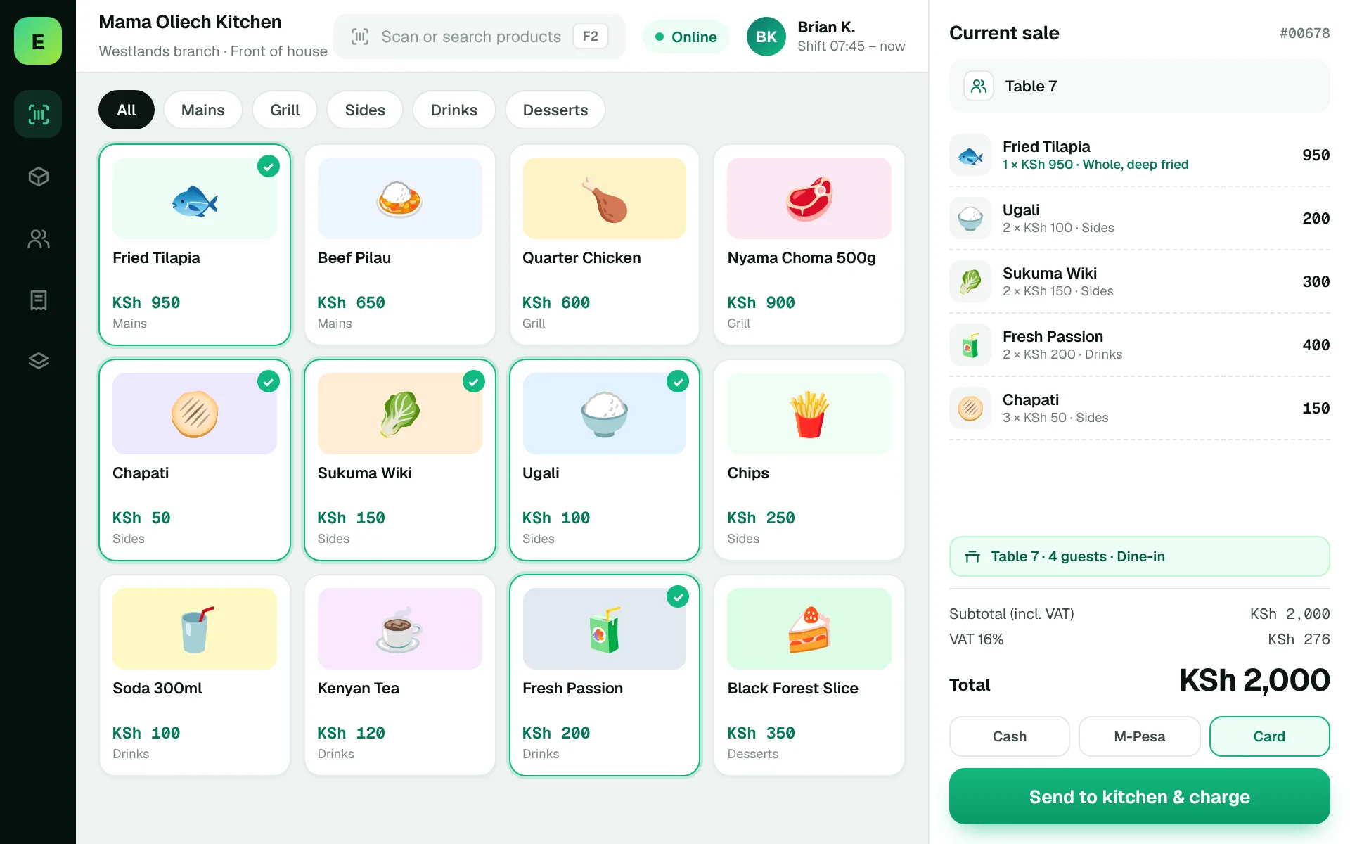 Restaurant POS Software in Kenya: EUJIM POS checkout screen for restaurants & cafés showing products, cart, VAT and M-Pesa, cash and card payment