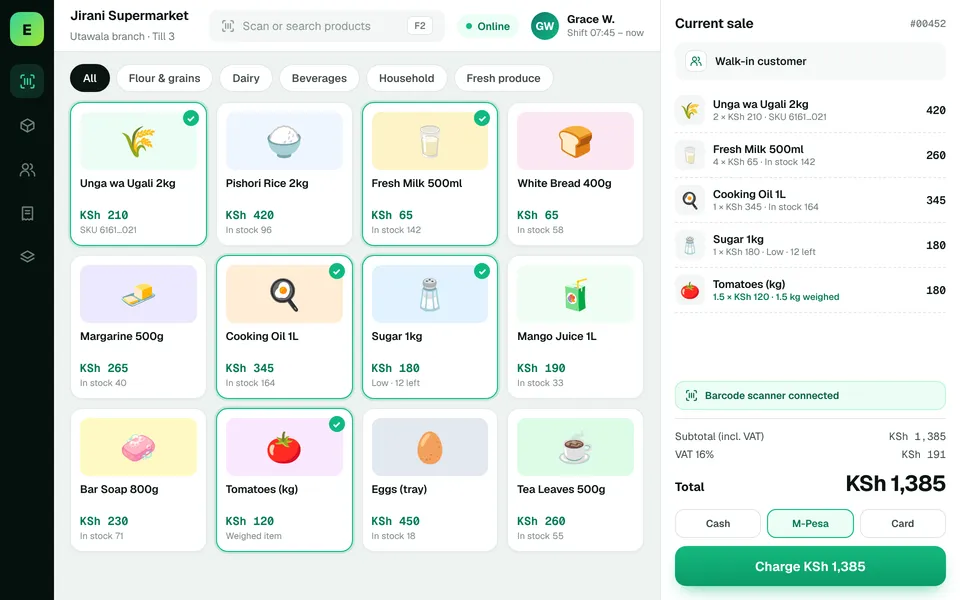 Supermarket POS Software in Kenya: EUJIM POS checkout screen for supermarkets showing products, cart, VAT and M-Pesa, cash and card payment