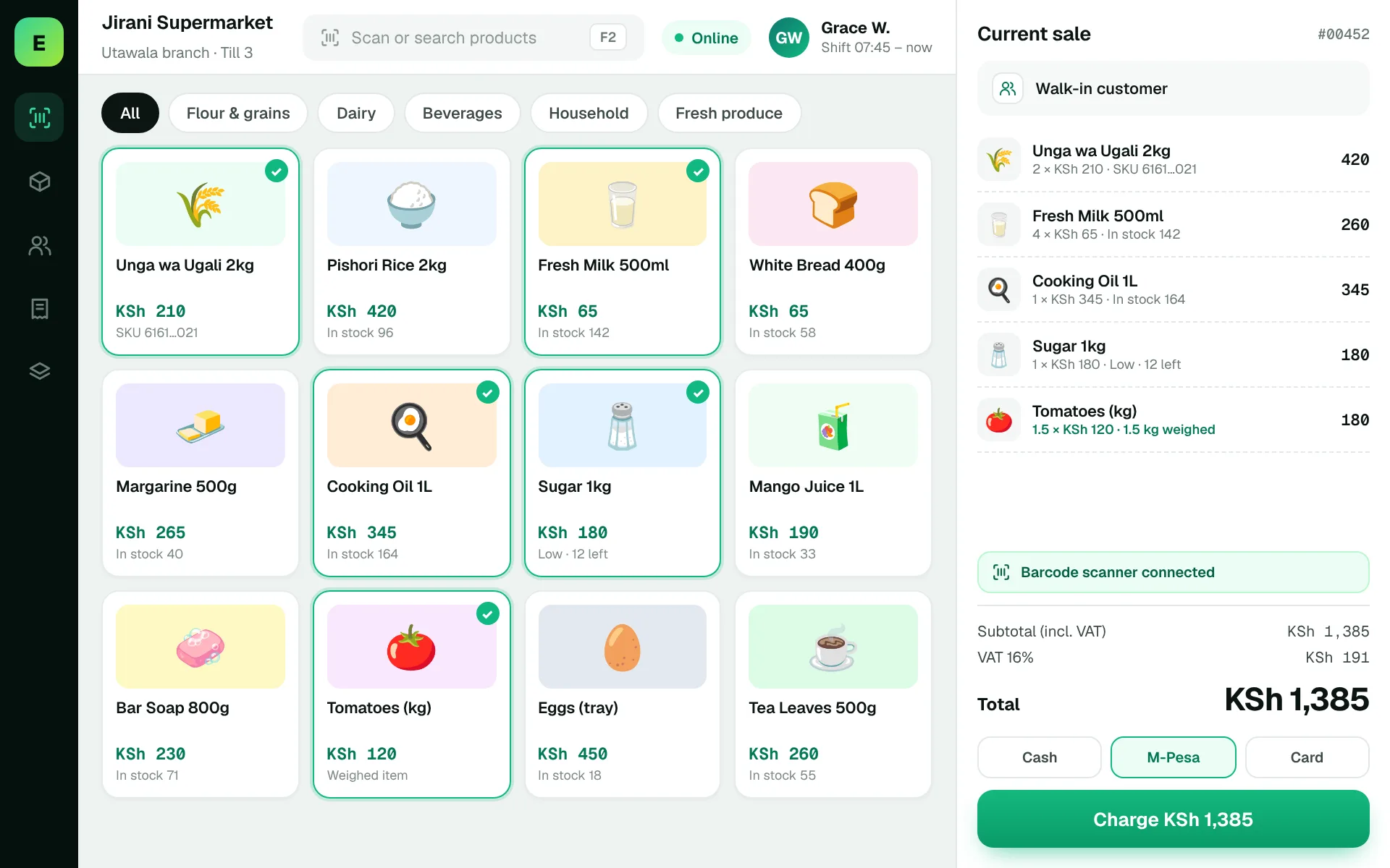 Supermarket POS Software in Kenya: EUJIM POS checkout screen for supermarkets showing products, cart, VAT and M-Pesa, cash and card payment