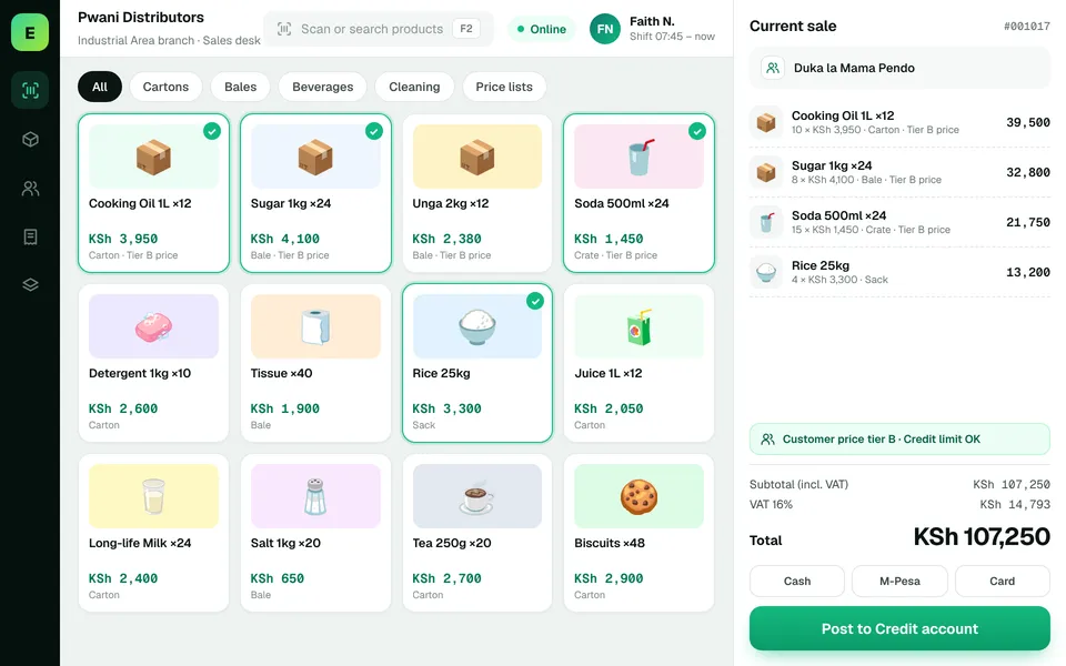 Wholesale POS Software in Kenya: EUJIM POS checkout screen for wholesale & distributors showing products, cart, VAT and M-Pesa, cash and card payment