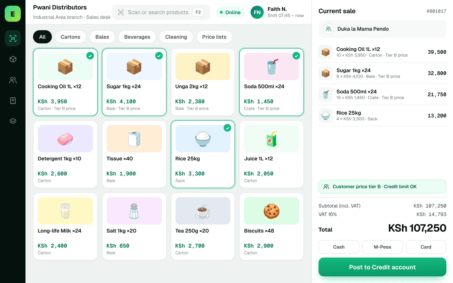 Wholesale POS Software in Kenya: EUJIM POS checkout screen for wholesale & distributors showing products, cart, VAT and M-Pesa, cash and card payment