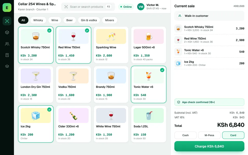 Wines & Spirits POS Software in Kenya: EUJIM POS checkout screen for wines & spirits shops showing products, cart, VAT and M-Pesa, cash and card payment
