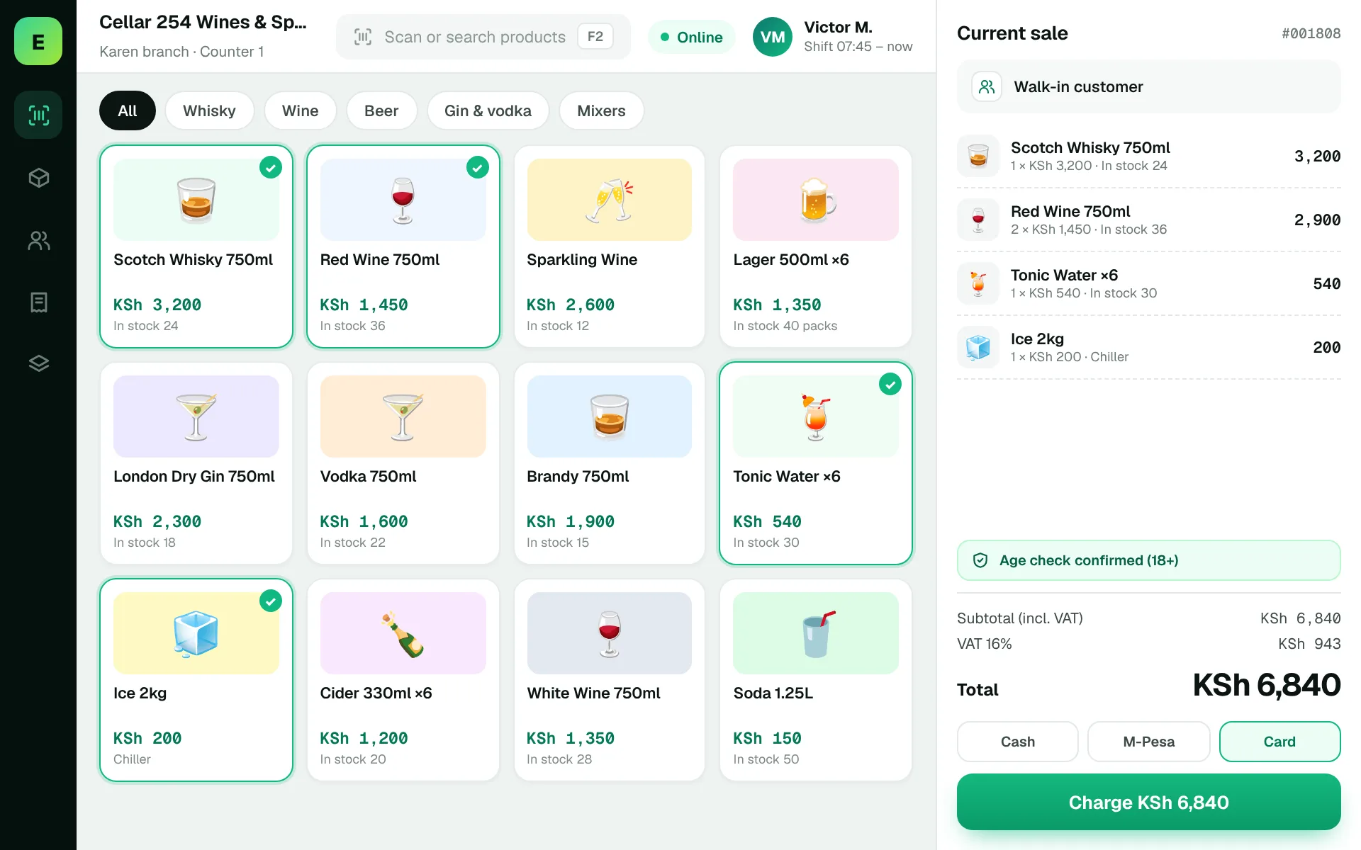 Wines & Spirits POS Software in Kenya: EUJIM POS checkout screen for wines & spirits shops showing products, cart, VAT and M-Pesa, cash and card payment